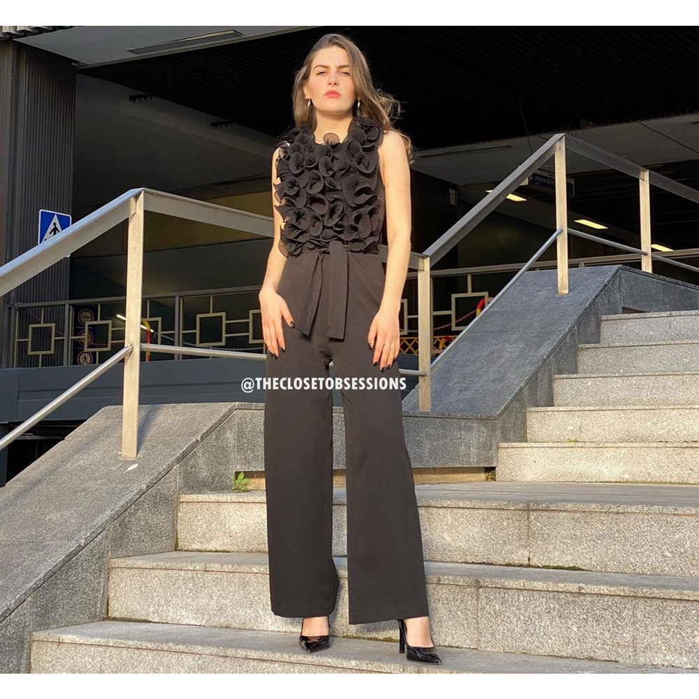 Zara Black Ruffle Wide Leg Jumpsuit Belted Sleeveless Elegant Evening Size M NWT - Picture 14 of 16